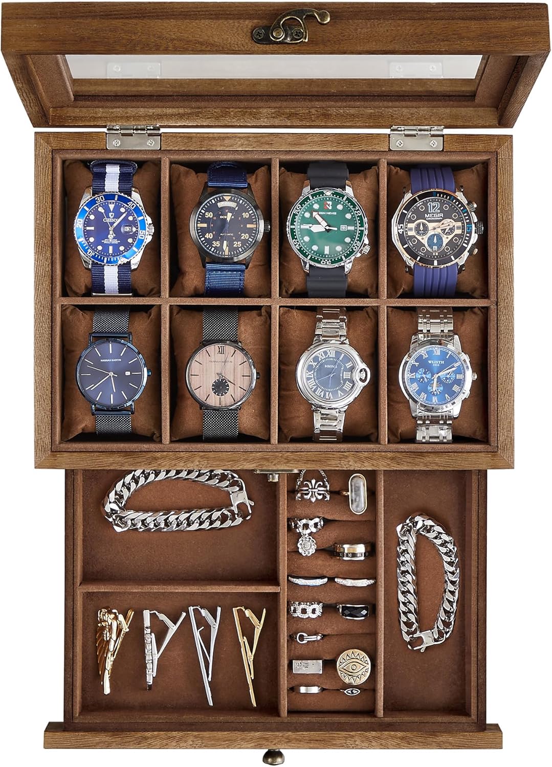 SONGMICS GISELLA Collection - Watch Box with 8 Compartments, Christmas, 2-Tier Wooden Case with Glass Lid, Bearings, Gift Idea for Loved Ones, Rustic Walnut JOW008K01