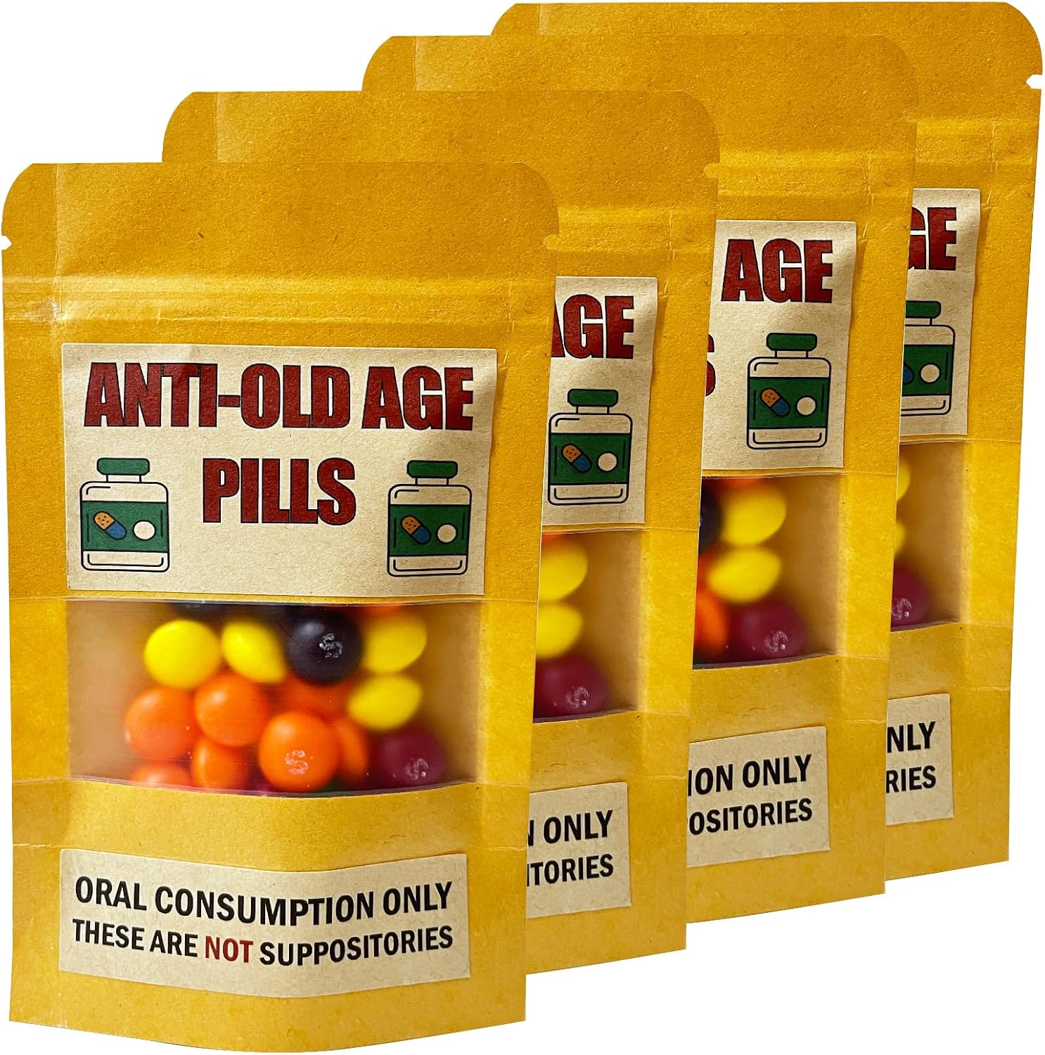 4 Pack Funny Anti-Old Age Pills (Empty Pouch) – Gag Gift for Seniors, Over the Hill Birthday, Retirement Party Favor, Joke Gift Bag for Men & Women Without Sweets