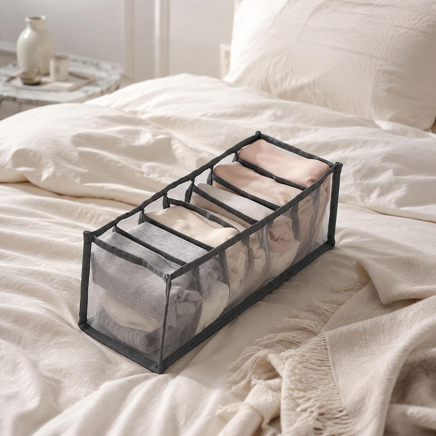 Wardrobe Clothes Organizer, 7 Grids Underwear Storage Box, Mesh Drawer Organizer, Foldable Closet Divider for Socks, Bras, Lingerie, Bedroom, Dorm, Home (Grey）