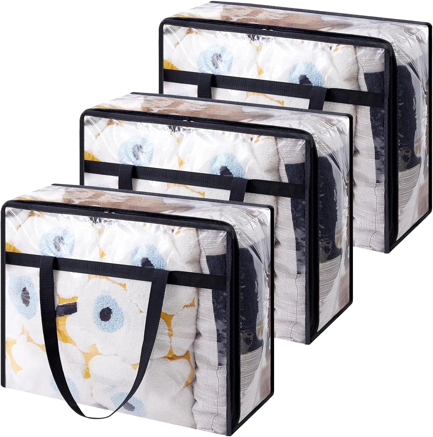 3 Pack Foldable Clothes Storage Bag with Zipper, 40L Clear Storage Bags, Storage Organizer Moving Bags with Handle, Plastic Storage Bag for Comforter Blanket Bedding Duvet Toys