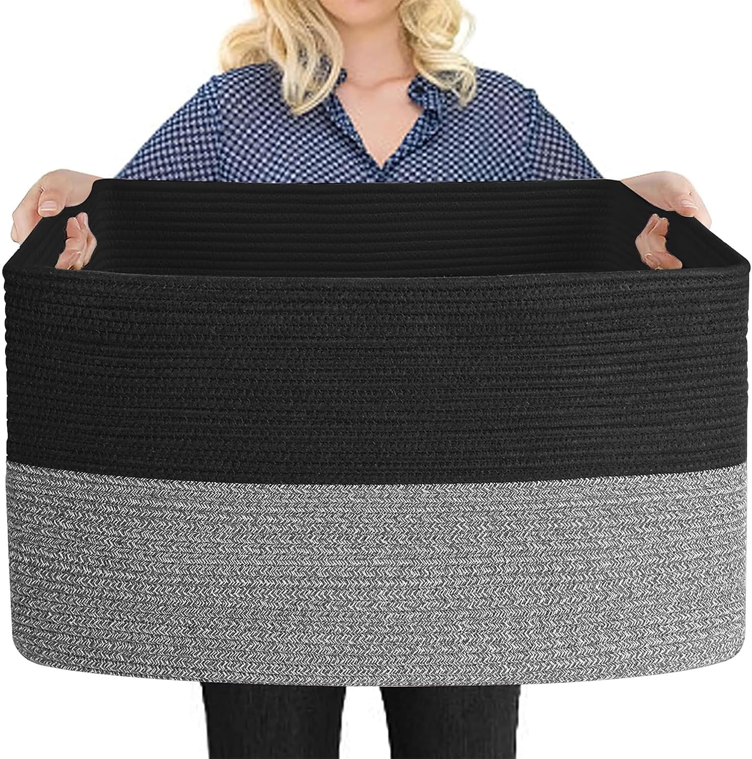 MEGASKET Extra Large Storage Baskets, 23.6" x 15.7" x 14.1" Black Baskets for Organizing, Rectangle Woven Basket for Blankets, Toys, Towels, Laundry, Decorative Wicker Storage Basket, Basket for Decor