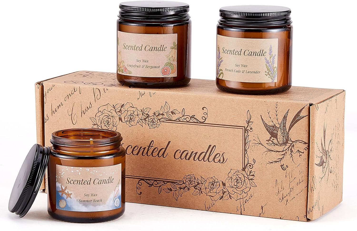 3-Pack Scented Candles Gift Set for Women – Natural Soy Wax Aromatherapy Candles with Lavender, Grapefruit & Summer Beach, 200g Long-Lasting Gift Box for Birthday, Mother’s Day & Christmas