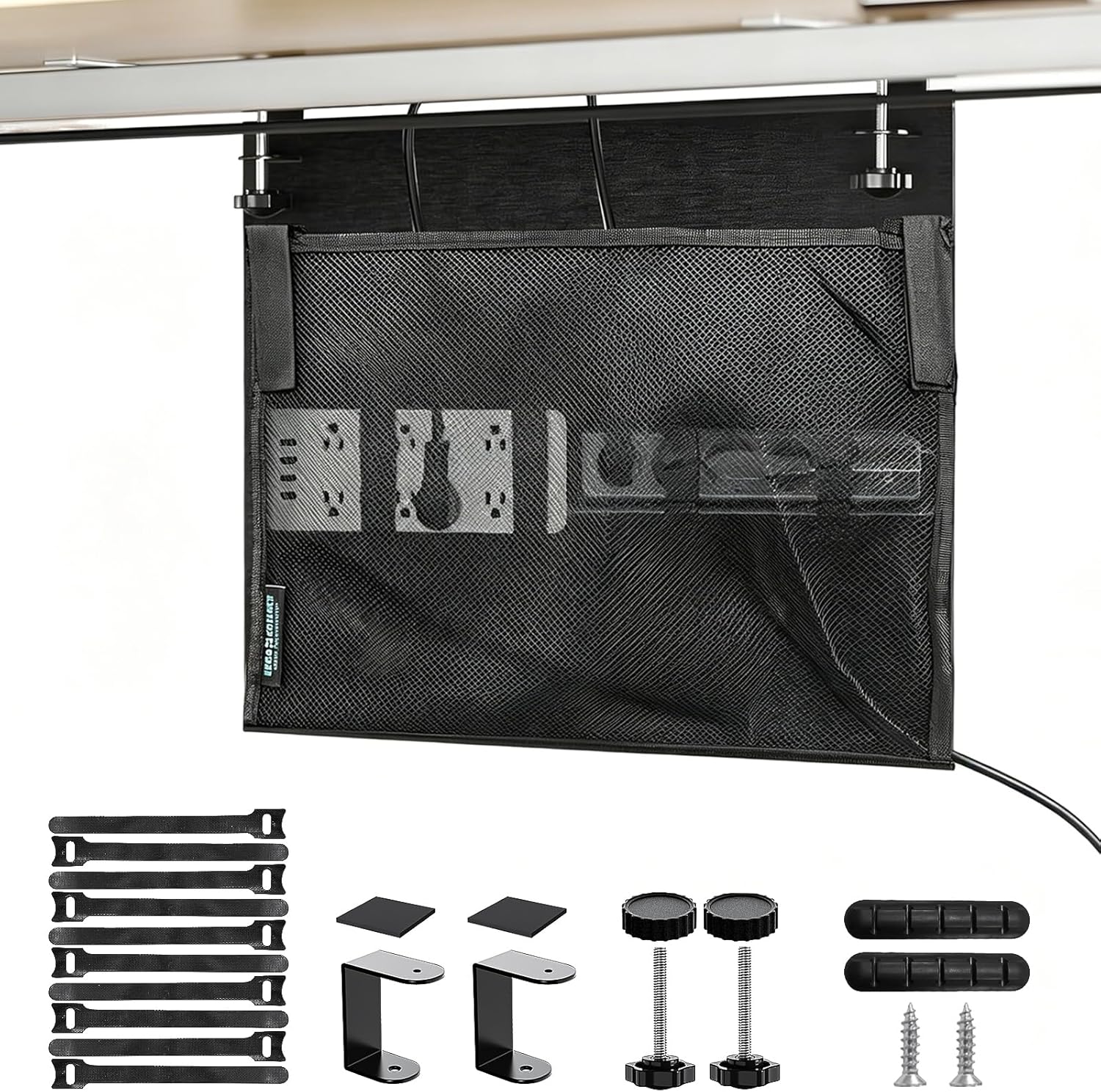 60cm Under Desk Cable Management Organizer with Felt Privacy Panel, Black | No Drill Cord Organizer, Mesh Storage Pocket & Wire Concealer for Standing Desk, Home Office & Gaming Setup