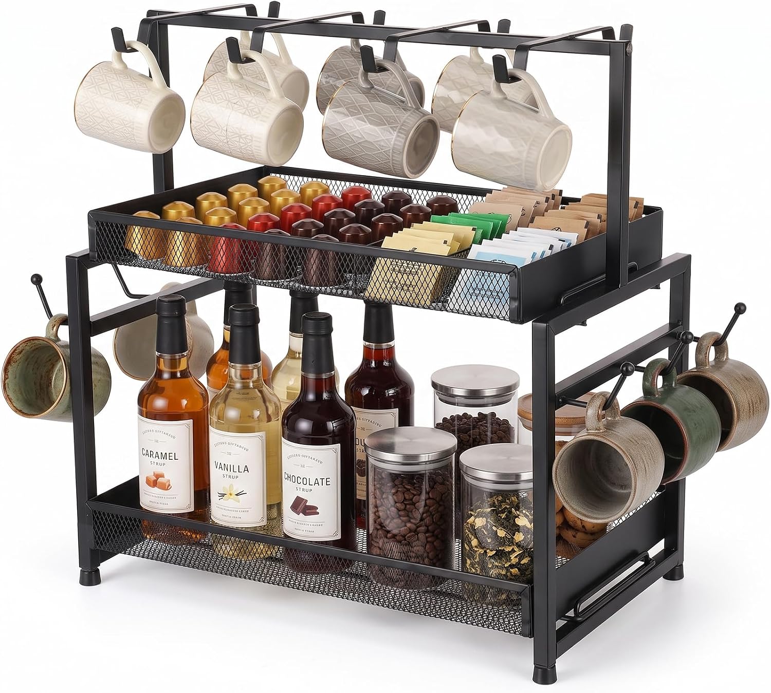 3-Tier Coffee Bar Organizer, Mug Holder for Countertop with 14 Hooks | Coffee Pods Organizer, Metal Mug Rack, Large Capacity, for Kitchen Office Coffee Bar Station