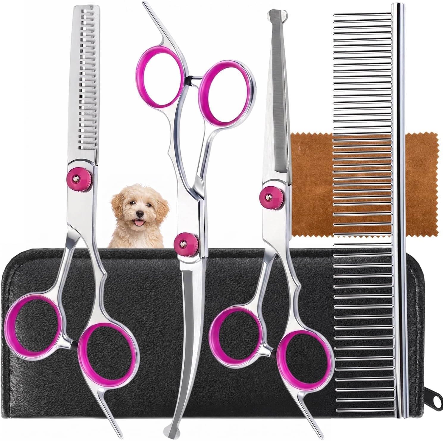 5-in-1 Pet Grooming Scissors, Stainless Steel Straight Thinning Curved Shears & Comb Pet Grooming Scissors Set with Storage Bag Hair Trimming Tools for Cat and Dog