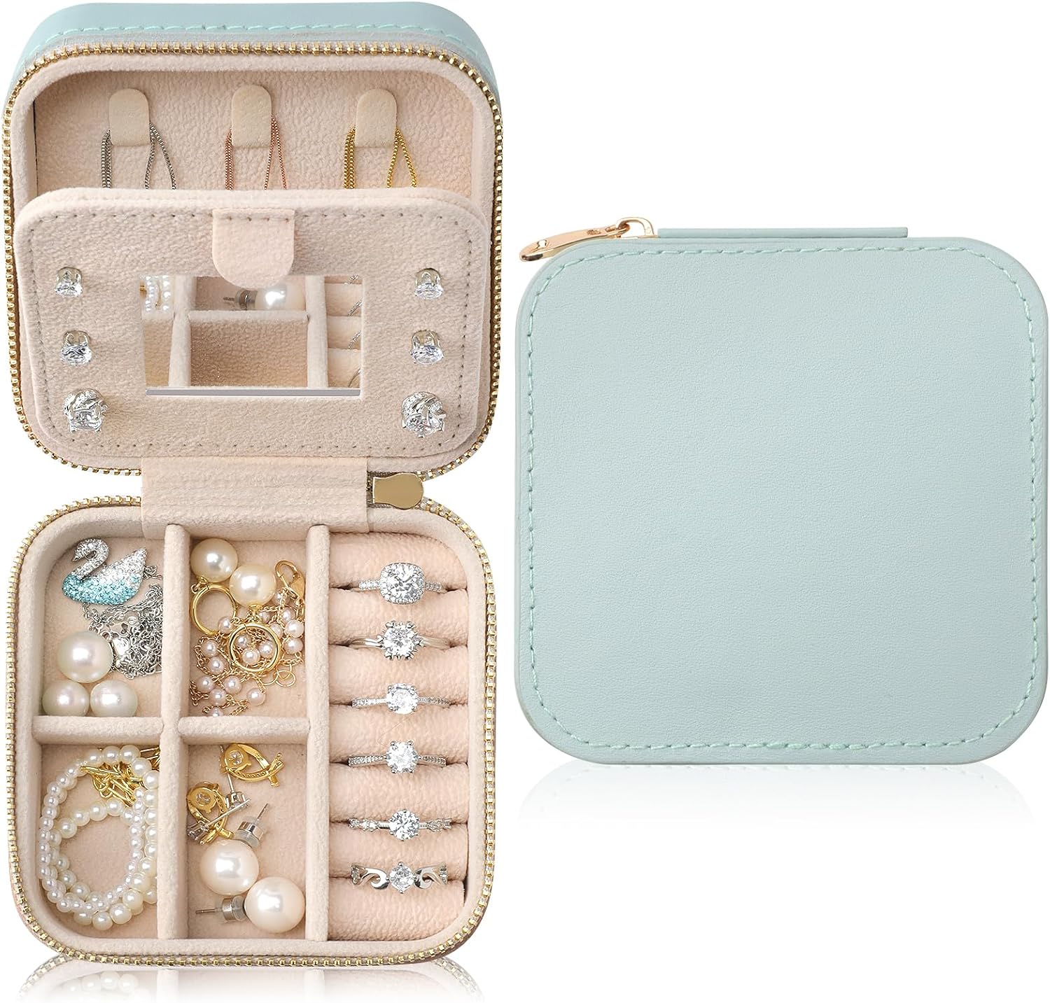 Genuine Leather Travel Jewelry Case Organizer with Mirror for Women, Small Jewelry Box Portable Mini Jewelry Case for Earring, Ring, Necklace, Bracelet Cyan