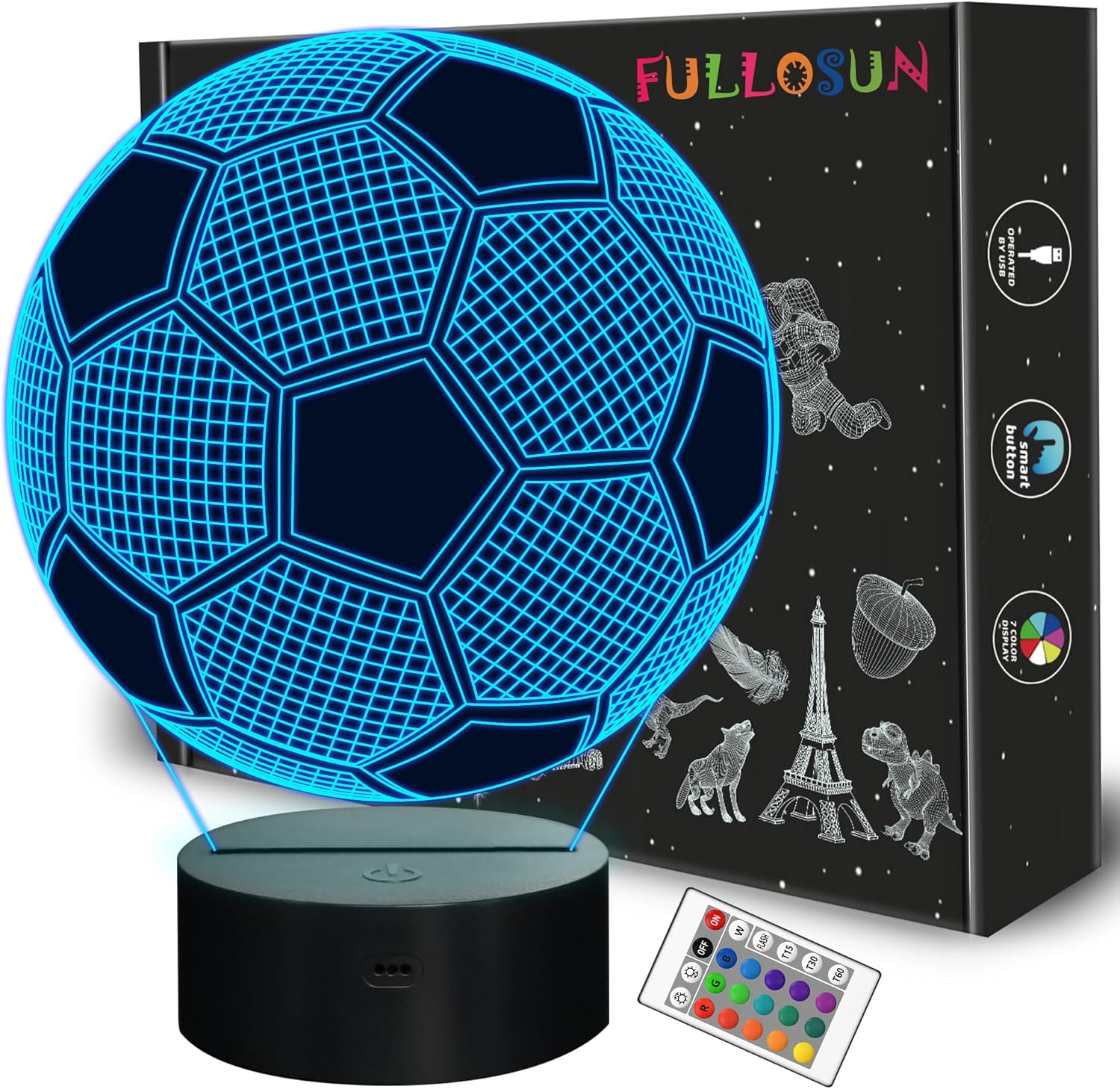 Soccer 3D Night Light for Kids, FULLOSUN Football Optical Illusion LED Lamp,16 Colors Changing Remote Control Sport Fan Room Decoration Xmas Birthday Teen Boy