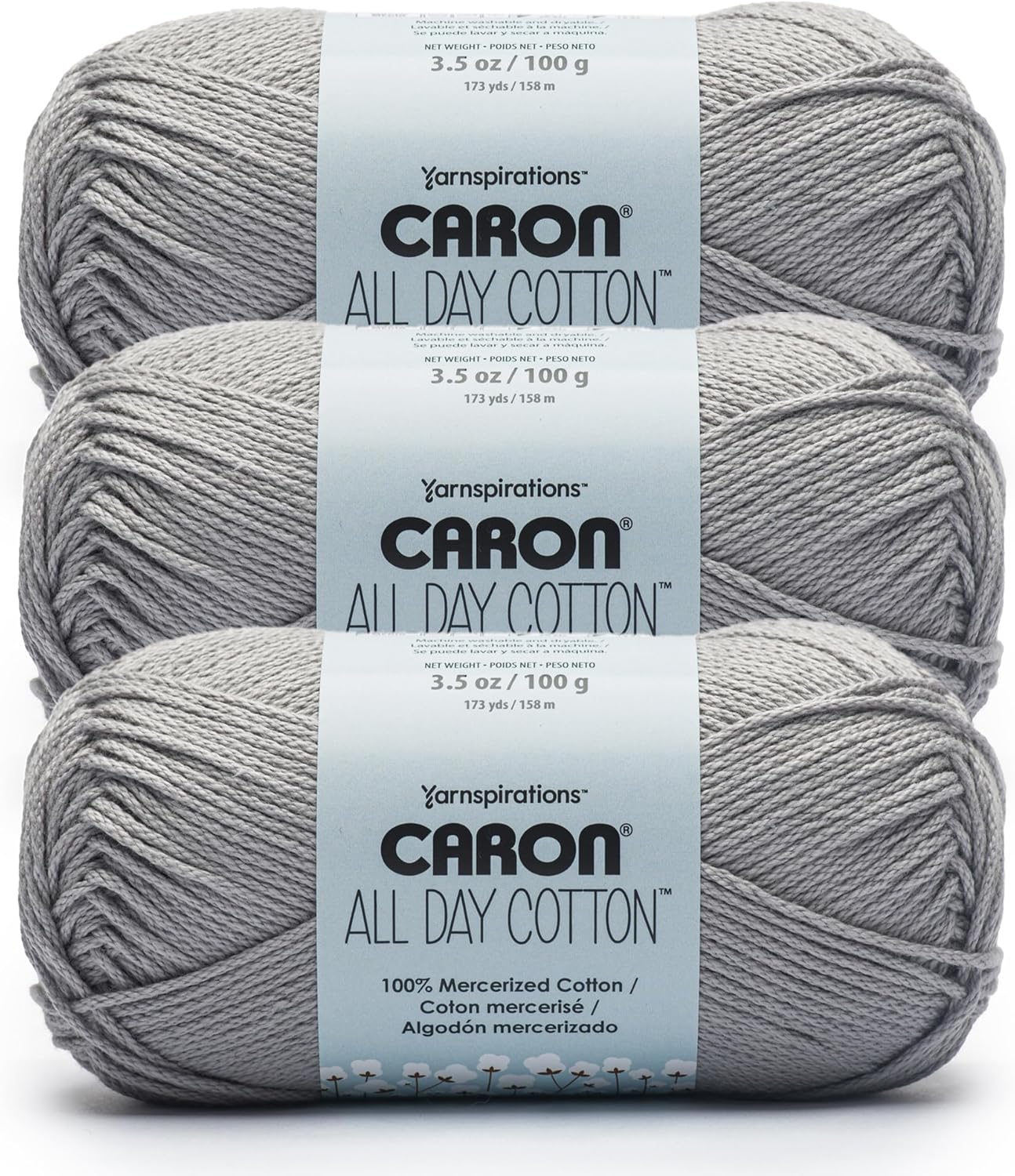 Caron All Day Cotton - 3 Pack of 173 Yards/3.52 oz Light Gray 100% Mercerized Cotton Yarn