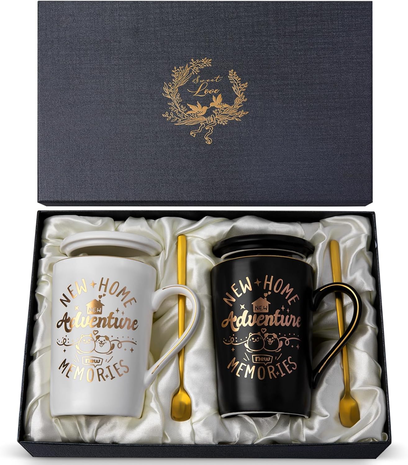 House Warming Gifts for New Home, 14oz Unique Black White Ceramic Mug Set | Gold Print Coffee Mugs, Funny Present for Women Men Couple Friends Family Homeowners, with Lid, Spoon, Card, Luxury Gift Box