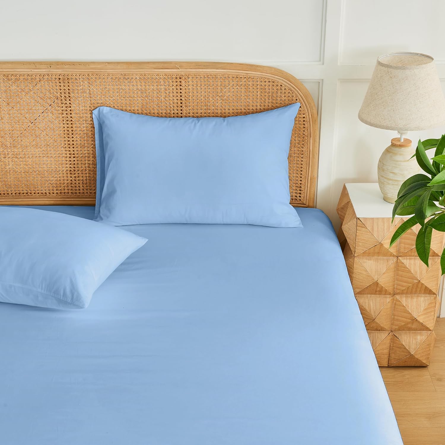 LINENOVA Premium 100% Cotton Fitted Sheet Set - 3 Piece for King Single Bed Set, 1 Fitted Sheet & 2 Pillowcases, Luxury Softness, Elasticized 40cm Deep Pocket - Light Blue
