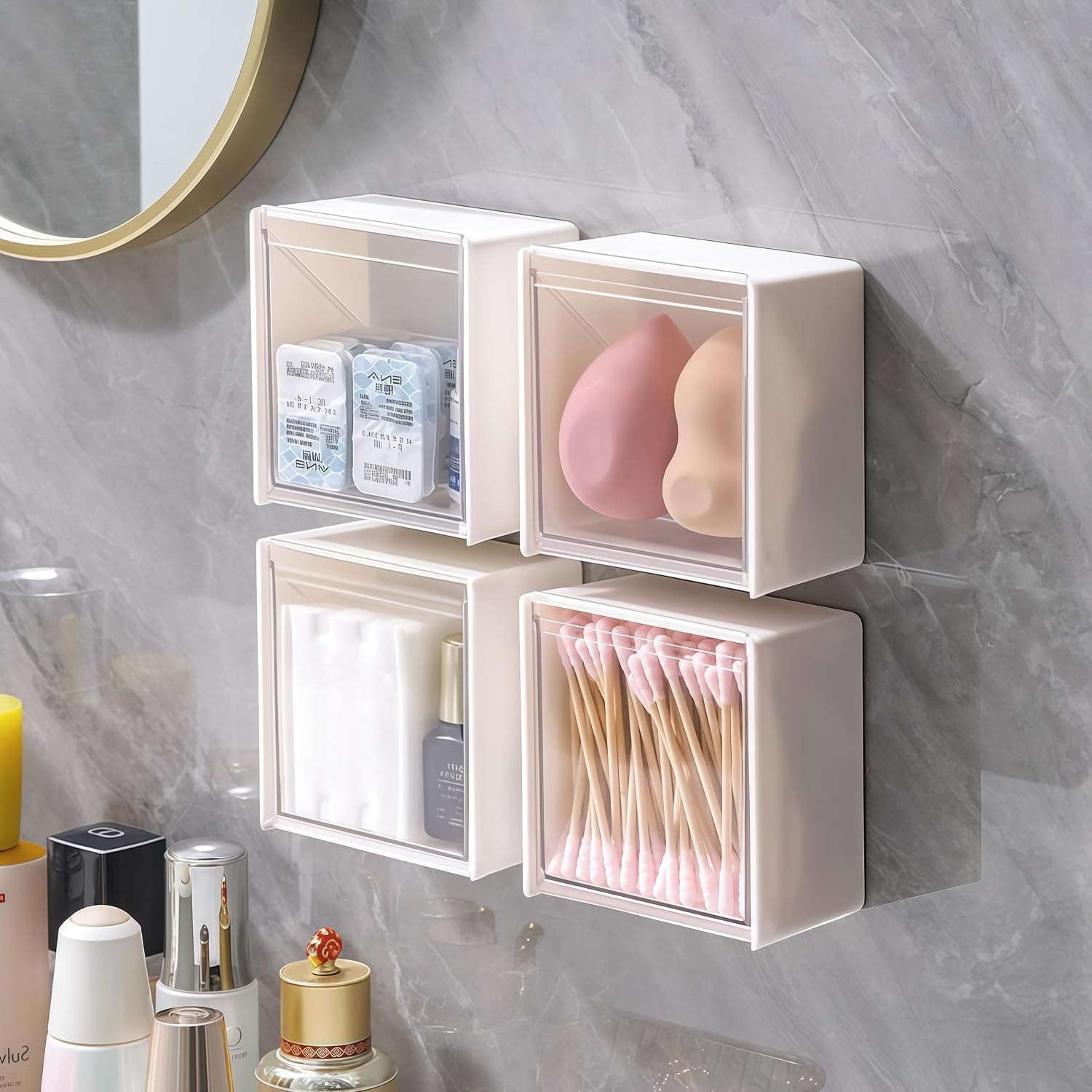 4Pack Wall-Mounted Shower Caddy with Flip Lid-Waterproof Plastic Organizer for Bathroom Essentials Includes Storage Box for Cotton Swabs Pads and Shower Accessories-No Power Required-White