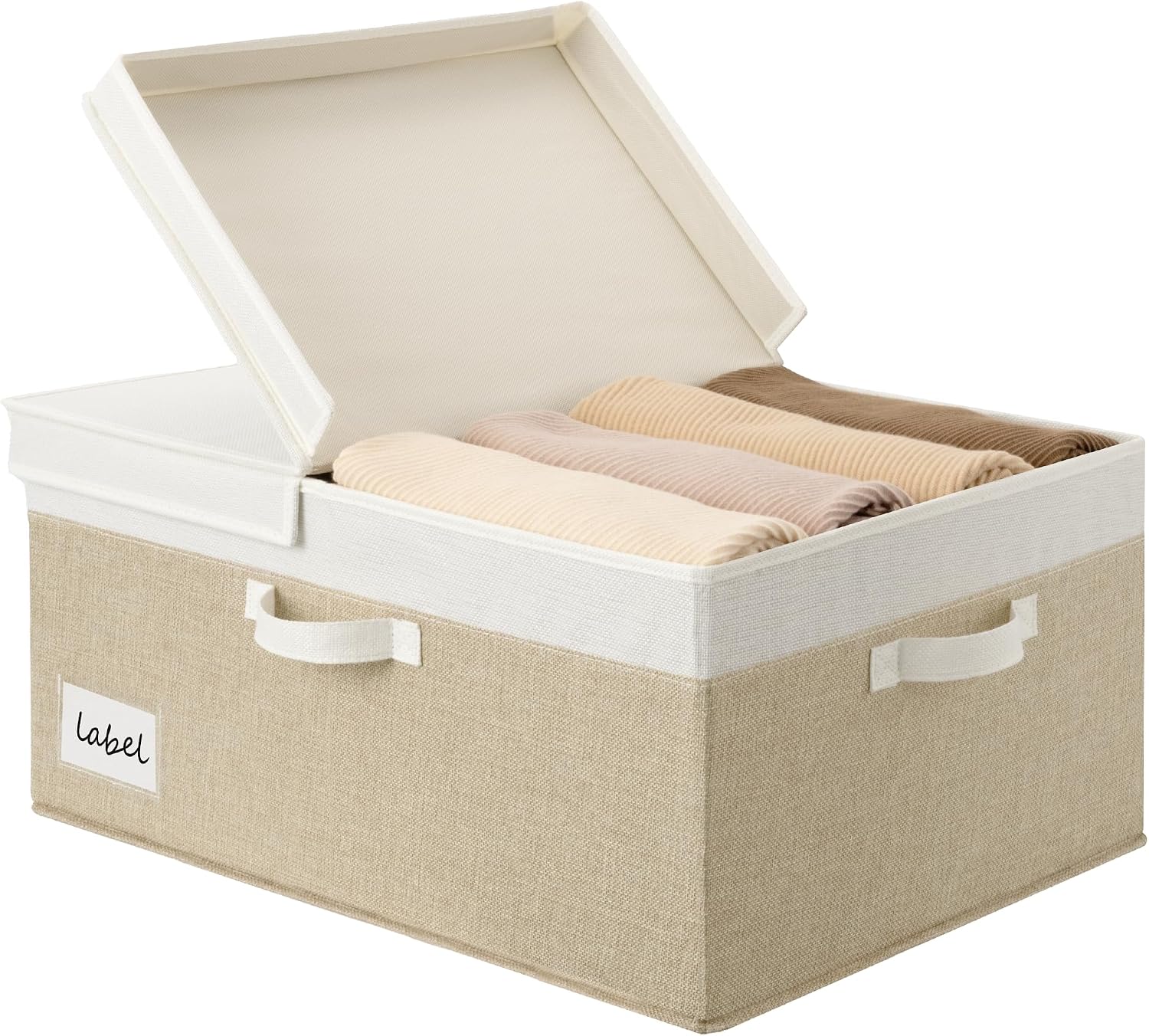 GRANNY SAYS Fabric Storage Box with Lid, Large Storage Box for Shelves, Decorative Storage Basket Organizer, Foldable Storage Bin with Lids for Wardrobe Organizing Clothes, Extra Large, White&Khaki