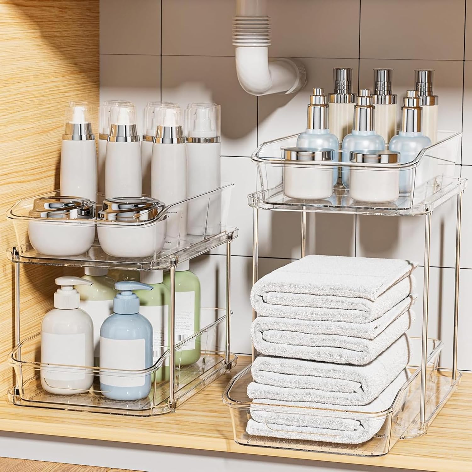 Under Sink Storage -2 Tier Clear Pull Out Cabinet Organizer for Pantry, Kitchen Storage & Organisation - 2 Pack Under Sink Storage Drawer for Countertop, Medicine, Bathroom (Acrylic)