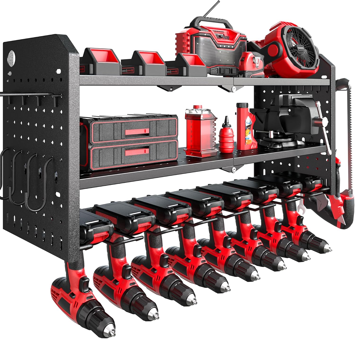 Nacial Power Tool Organizer Wall Mount, 8 Drill Holder Wall Mount with 3 Layer Cordless Tool Organizer, Heavy Duty Tools Organizer with 12 Hooks, Power Tool Storage for Garage Organization, Black
