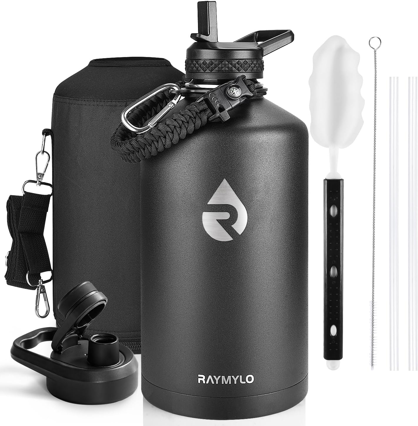RAYMYLO 3.8L Insulated Water Bottle, Triple Wall Vacuum Stainless Steel | Cold 48 Hrs, Hot Drinks 24 Hrs,Leak Proof & Non-BPA, Gallon Modern Water Flask Jug with Paracord Handle & Straw Spout Lids