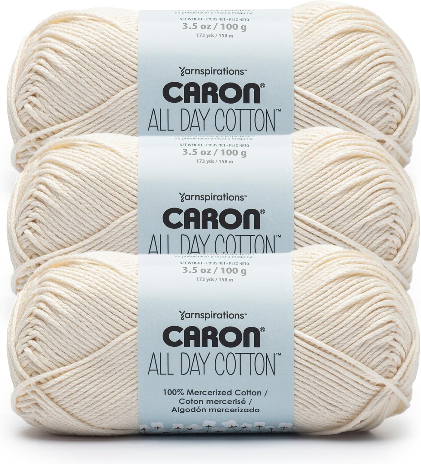 Caron All Day Cotton - 3 Pack of 173 Yards/3.52 oz Cream 100% Mercerized Cotton Yarn | #4 Worsted Yarn, 100% Mercerized Cotton, Soft Crochet Yarn for Knitting, Amigurumi & Crafts, 173yds, 100g/3.5oz per skein