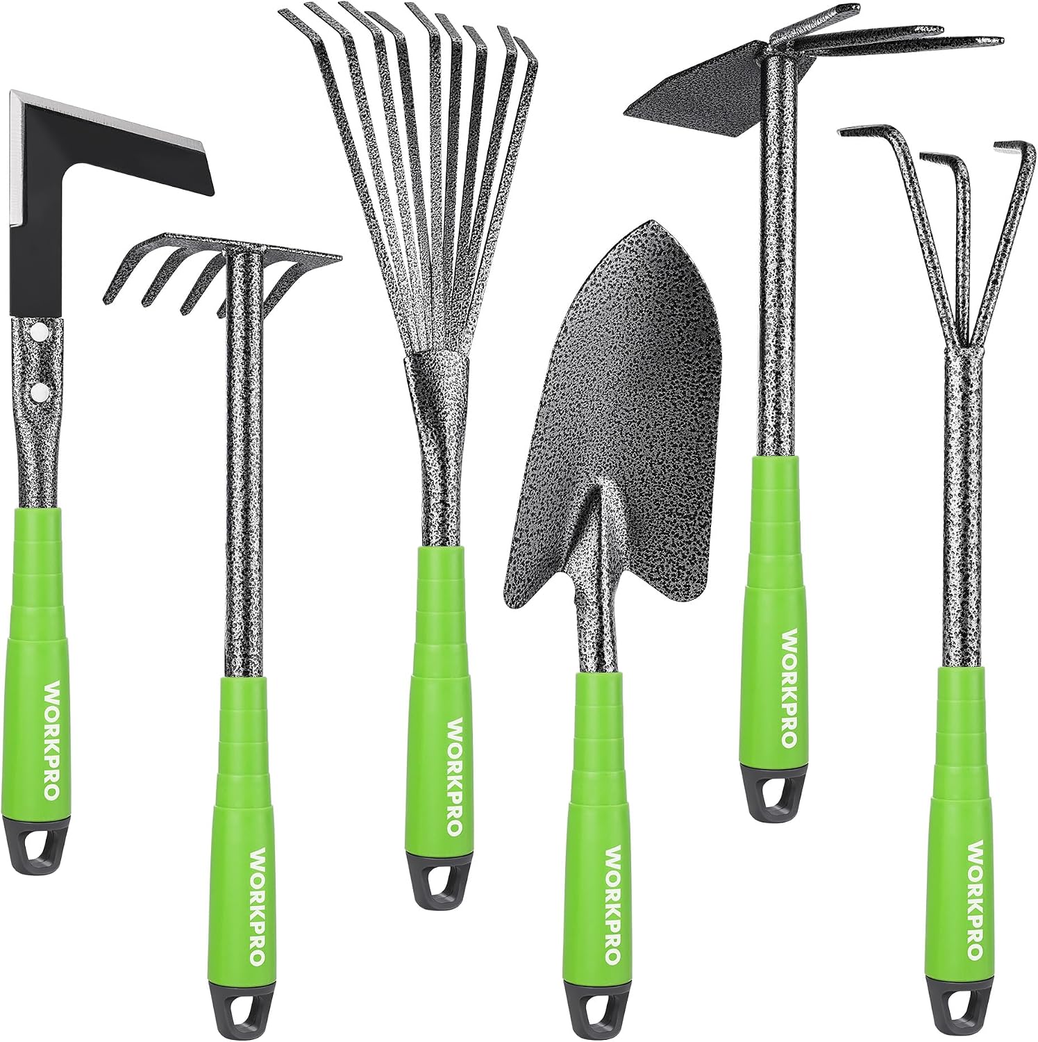 WORKPRO 6-Piece Green Garden Tool Set, Heavy Duty Gardening Hand Tools with Soft Rubber Handle, Including Trowel, Rakes, 2-in-1 Hoe and Crack Weeder, Ideal Gardening Gifts for Men and Women