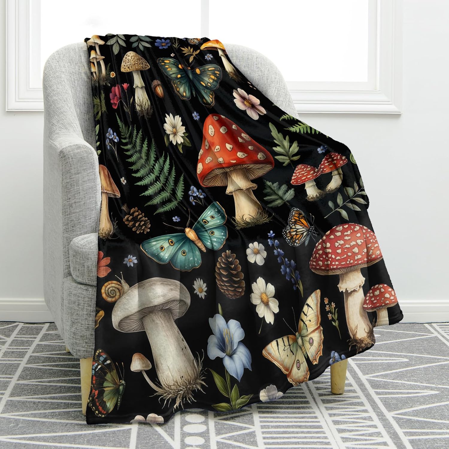 Jekeno Mushroom Butterfly Throw Blanket Gifts for Women Man 50"x60" | Ultra Soft Cozy Butterflies Mushroom Blanket for Women Man, Decor Home Couch Sofa Bed, Christmas, Halloween, Birthday Gifts