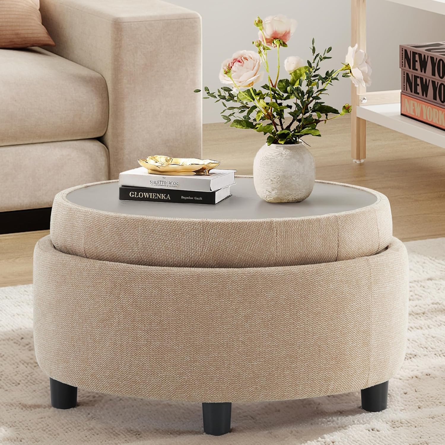 COLAMY Round Storage Ottoman, Upholstered Fabric Footrest Stool with Hidden Storage and Reversible Tray Top, Small Coffee Table for Living Room, Bedroom, Entryway Camel