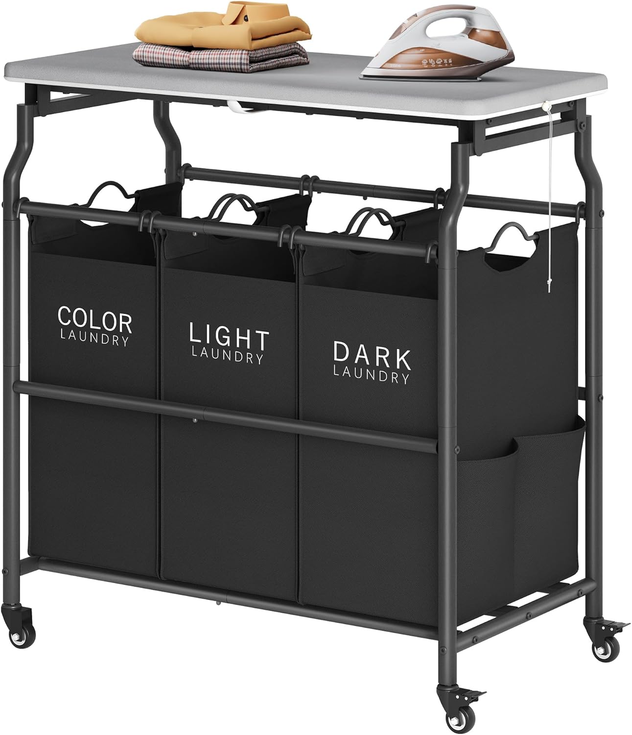 Hoctieon 3 Section Laundry Sorter Cart with Ironing Board, Laundry Hamper with Shelf and Rolling Wheels, Heavy Duty Laundry Basket Organizer, Large Clothes Separator Hamper with Removable Bags, Black | Lockable Wheels, Laundry Basket Organizer with Wheels, Heavy Duty Clothes Organizer, Large Clothes Separator, Removable Bags