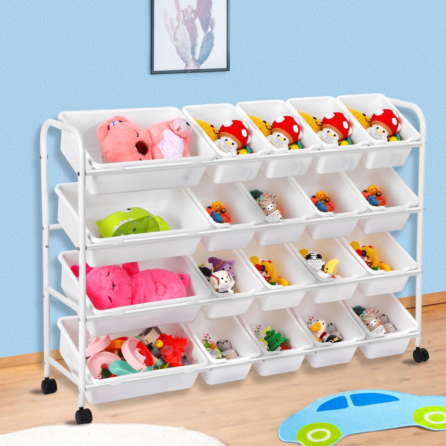 Toy Storage Organizer, 4 Layers Toy Storage Rack with 20 Storage Bins Multipurpose Organize Shelf Toy Box Detachable Kids Toy Storage Holder for Nursery Kids Room School