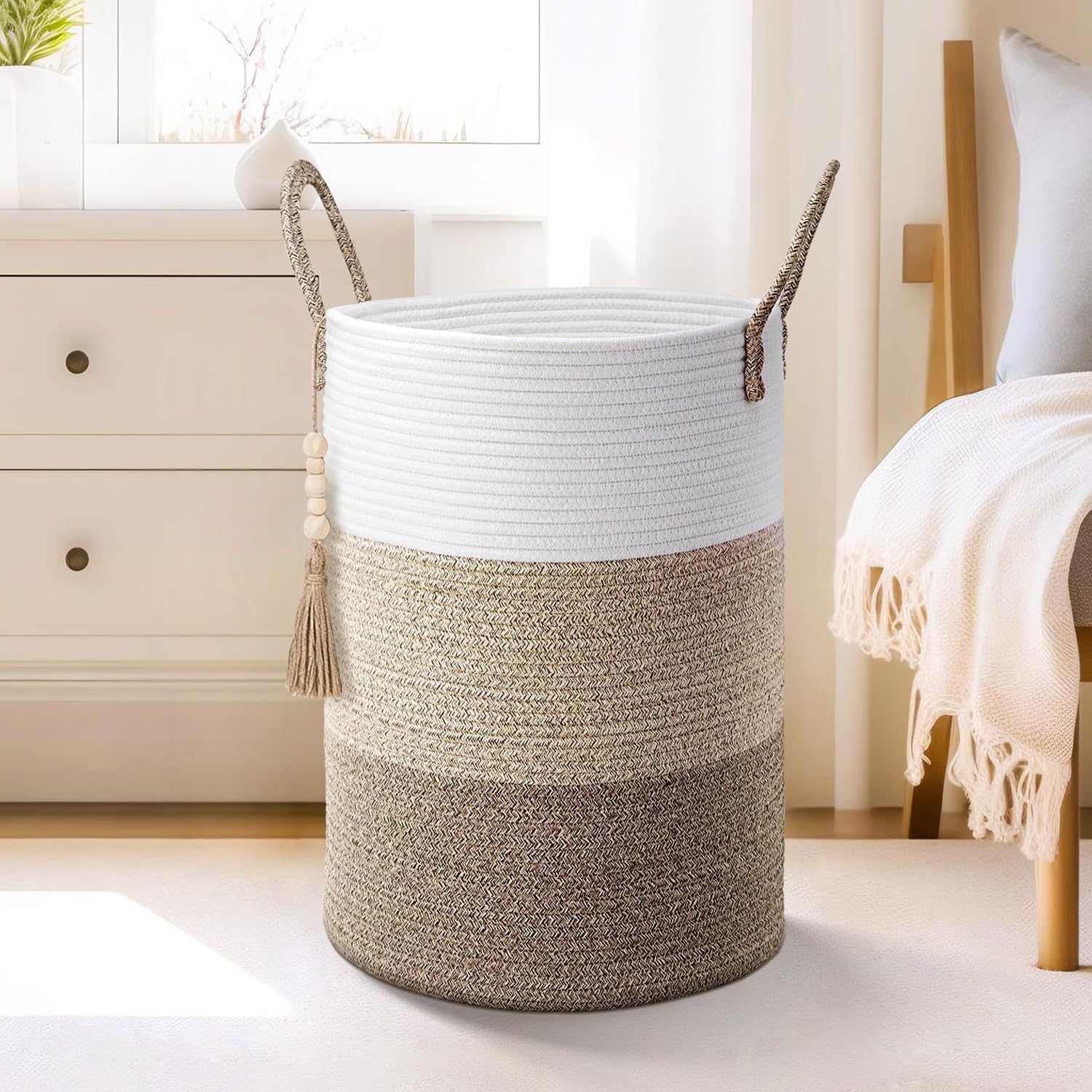 Large 60L Woven Cotton Rope Storage Basket with Handles | Tall Laundry & Toy Organiser for Nursery, Living Room & Bedroom | Soft, Foldable Blanket Basket (White & Light Brown & Dark Brown)