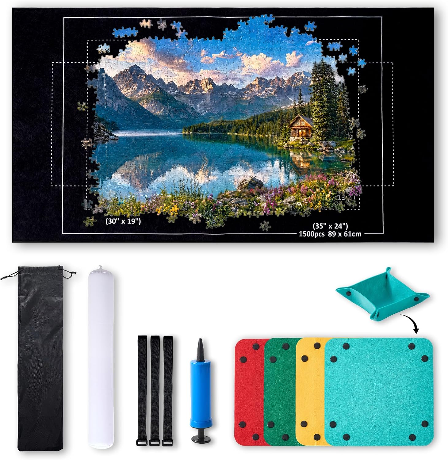 Jigsaw Puzzle Storage Mat - for Up to 1500 Pieces - 66 x 118 cm Non-Slip Felt Mat with 4 Sorting Trays - Inflatable Tube - Mini Pump - 3 Elastic Fasteners & Long Storage Bag