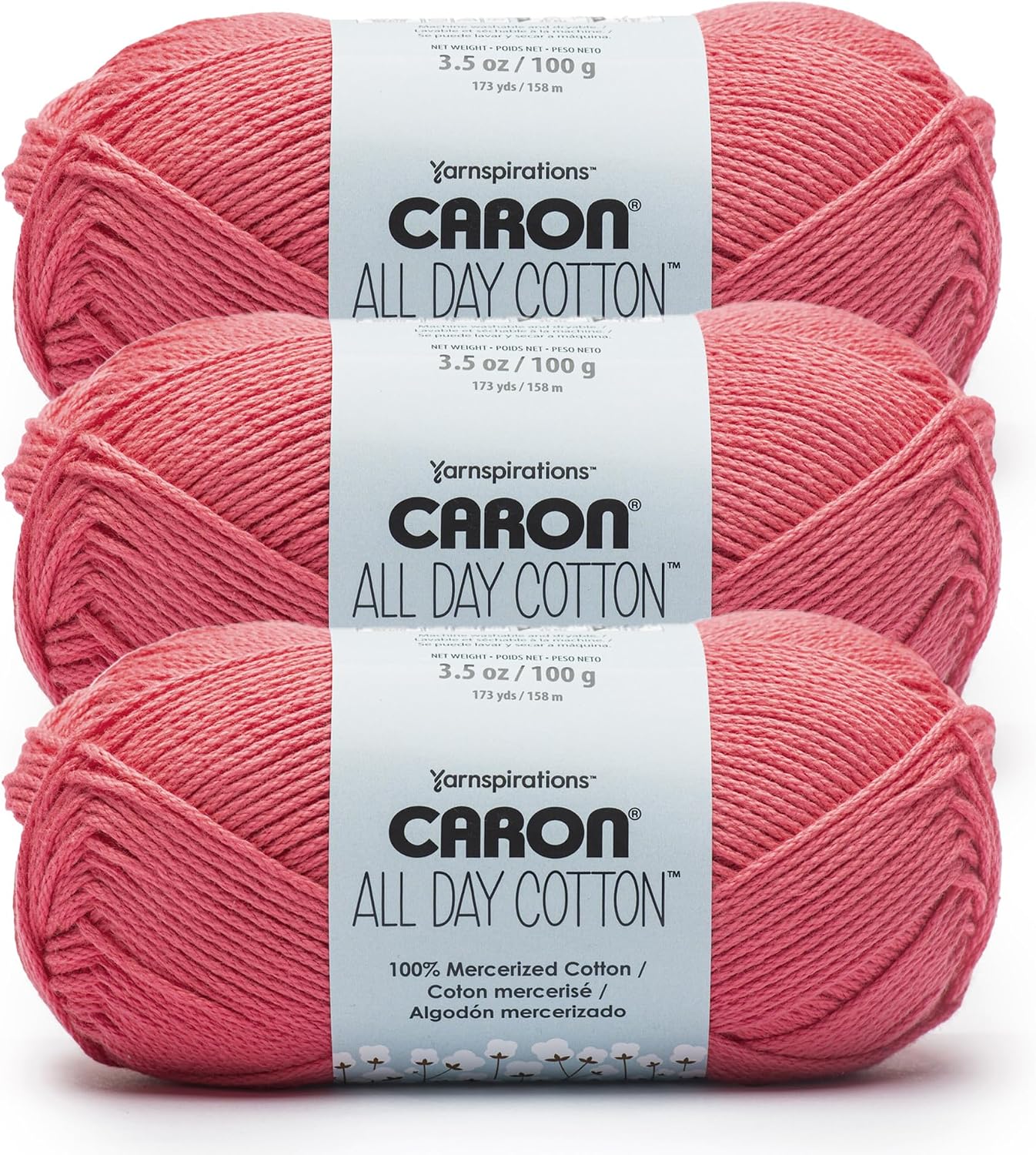 Caron All Day Cotton - 3 Pack of 173 Yards/3.52 oz, Cherry, 100% Mercerized Cotton Yarn | #4 Worsted Yarn, 100% Mercerized Cotton, Soft Crochet Yarn for Knitting, Amigurumi & Crafts, 173yds, 100g/3.5oz per skein