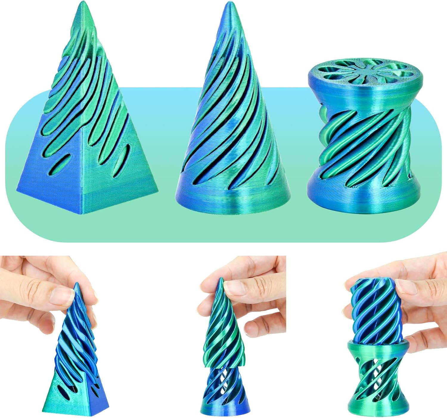 3 Packs Spiral Fidget Impossible Cone,3D Printed Optical Illusion Desk Toys Stress Relief Sculpture, Unique Office Gifts Teens Adults Kids Stocking Stuffers Christmas White Elephant（Laser Green）