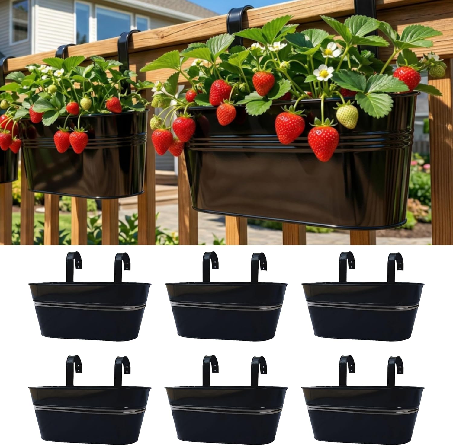 LáLáGreen Outdoor Rail Planter-6 Pack,11'' Black Metal Iron Hanging Flower Pots Deck Railings Fence Buckets Modern Countryside Boho Style Wall Mount Window Box Plant Holder Hooks Porch Decor