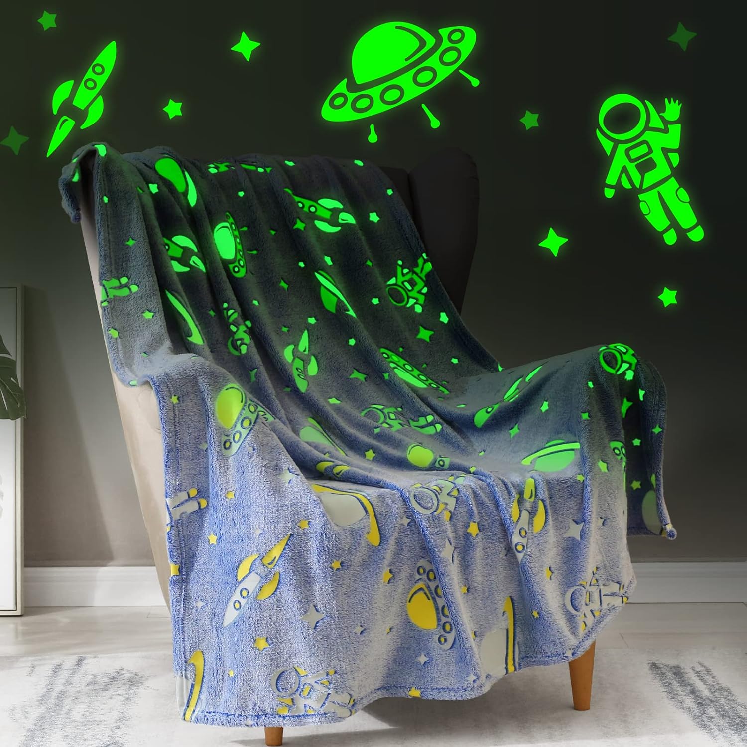 Glow in The Dark Blanket Space Gifts for Boys - Glowing Star Astronaut Spaceship Rocket Planet Soft Plush Galaxy Throw Blanket Gift Ideas for Kids Teens Girls Boy Birthday Christmas 50" x 60" | 50x60 Inch Spacesship Rocket Gifts Blanket for Boys Girls Birthday Halloween Easter Christmas
