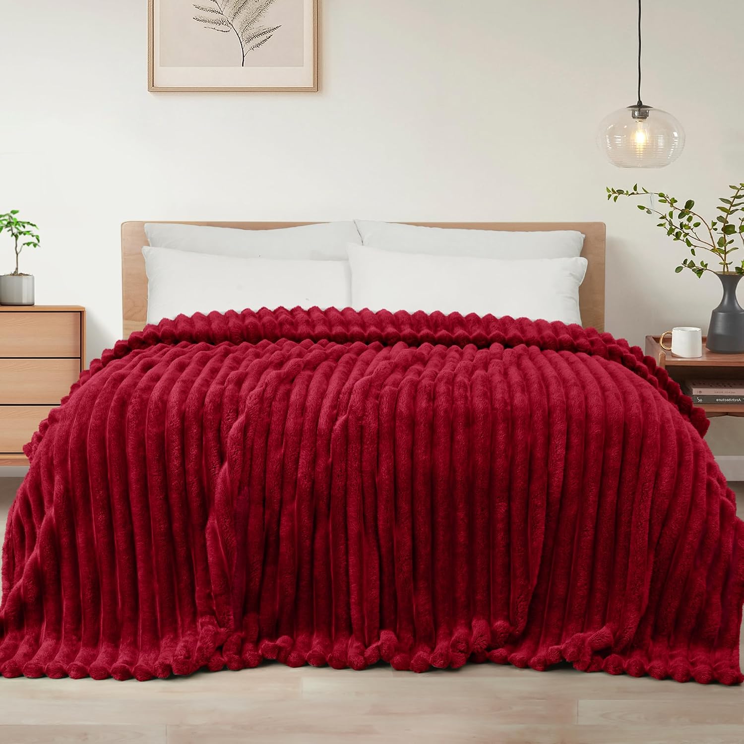 Exclusivo Mezcla King Size Flannel Fleece Blanket Super Soft 3D Striped Jacquard Bed Blanket Lightweight Fuzzy Cozy Blanket for All Seasons, 230 X 265 Cm, Deep Red Blanket | Bed Cover, Sofa, Travel, Fleece, Lightweight, Soft Jacquard Fabric, Breathable, Polyester, Comfortable For All Seasons