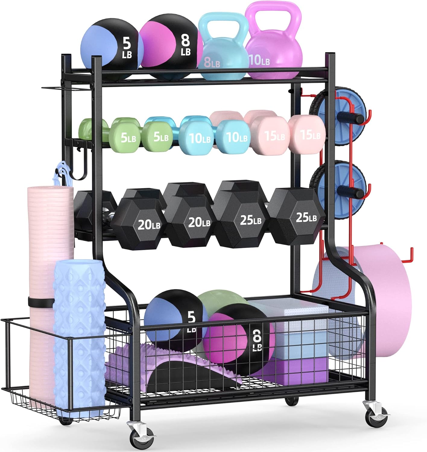 Mythinglogic Dumbbell Rack, Home Gym Storage, Weight Rack for Dumbbells, Yoga Rack, Kettlebells and Yoga Mat Storage, Gym Storage Rack with Wheels and Hooks, Workout Equipment Storage for Fitness and