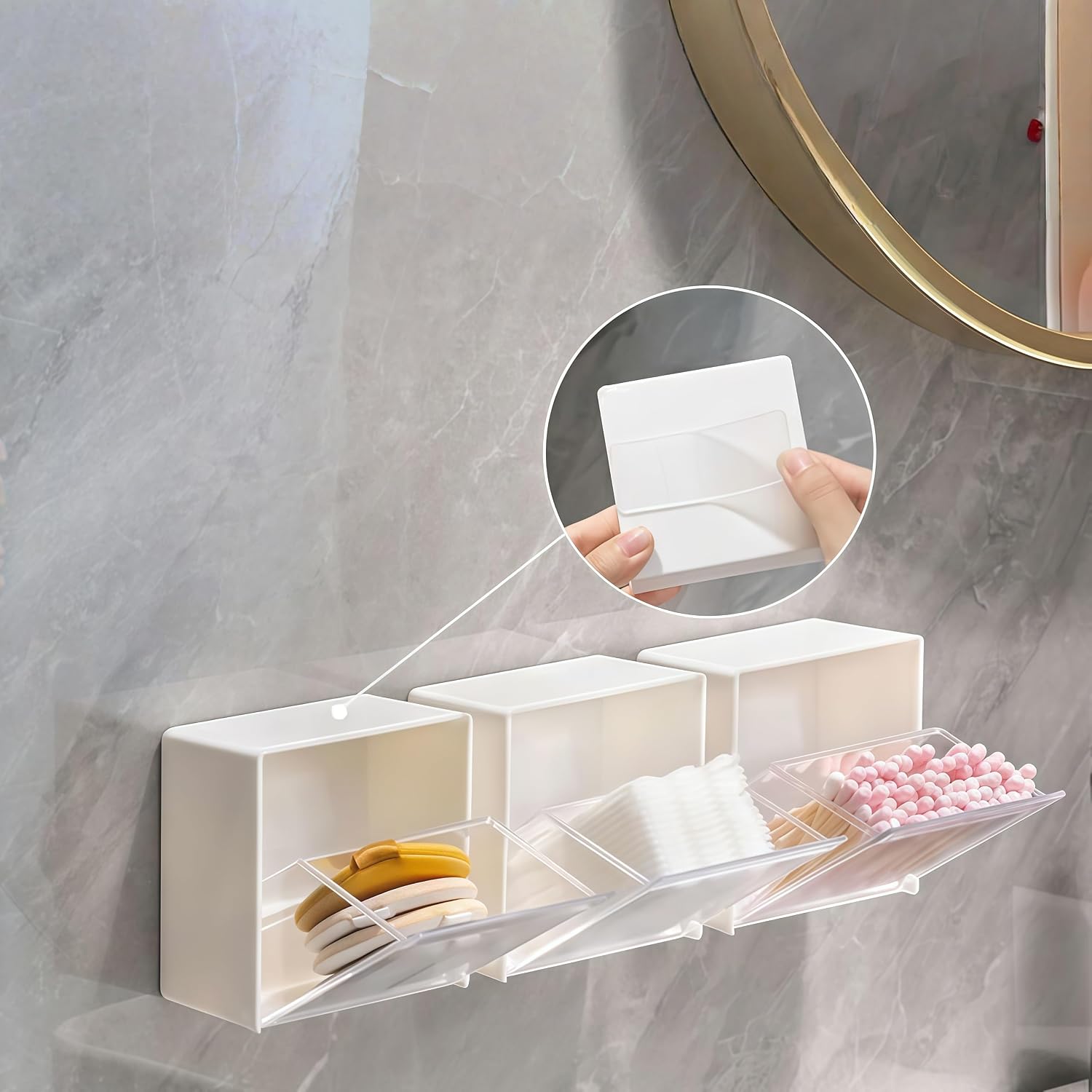 3Pack Wall-Mounted Shower Caddy with Flip Lid-Waterproof Plastic Organizer for Bathroom Essentials Includes Storage Box for Cotton Swabs Pads and Shower Accessories-No Power Required-White