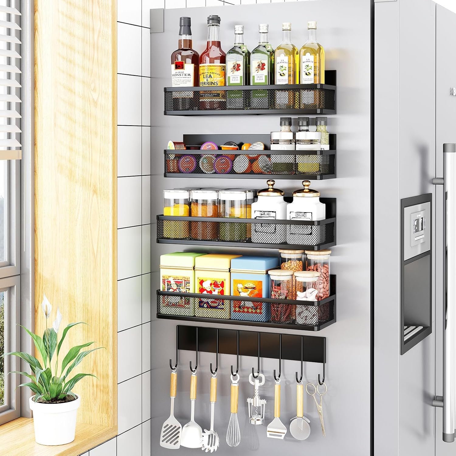 NestHub Magnetic Spice Rack for Refrigerator, 5 Pack Magnetic Shelf, Moveable Magnetic Fridge Organizer with 10-Hook Rack, Seasoning Organizer for Kitchen Organization and Storage (5 Pack)
