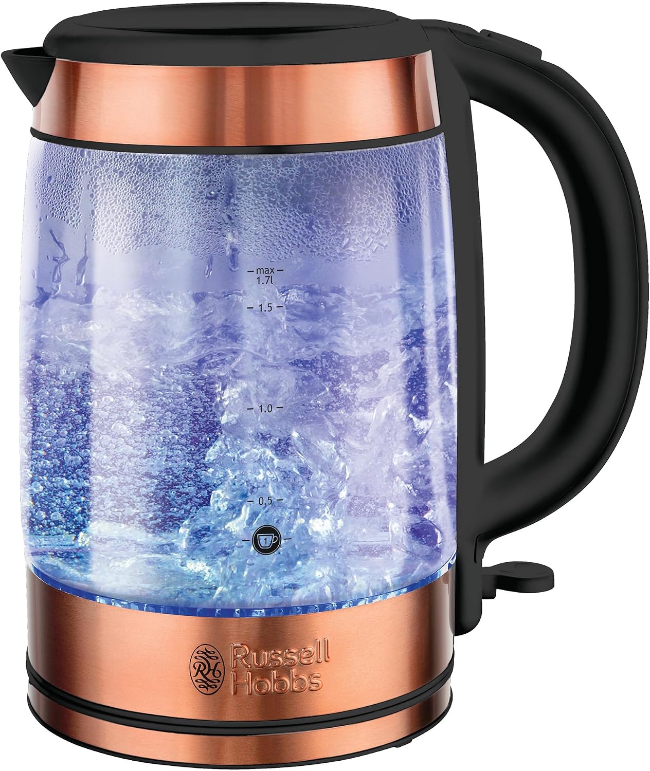 Russell Hobbs Brooklyn Glass Kettle, RHK172, BPA Free, Fast Boil, 1.7 L Capacity, 360 Degree Swivel Base, Provides Clear Visual On Boiling Status and Water Level, Copper