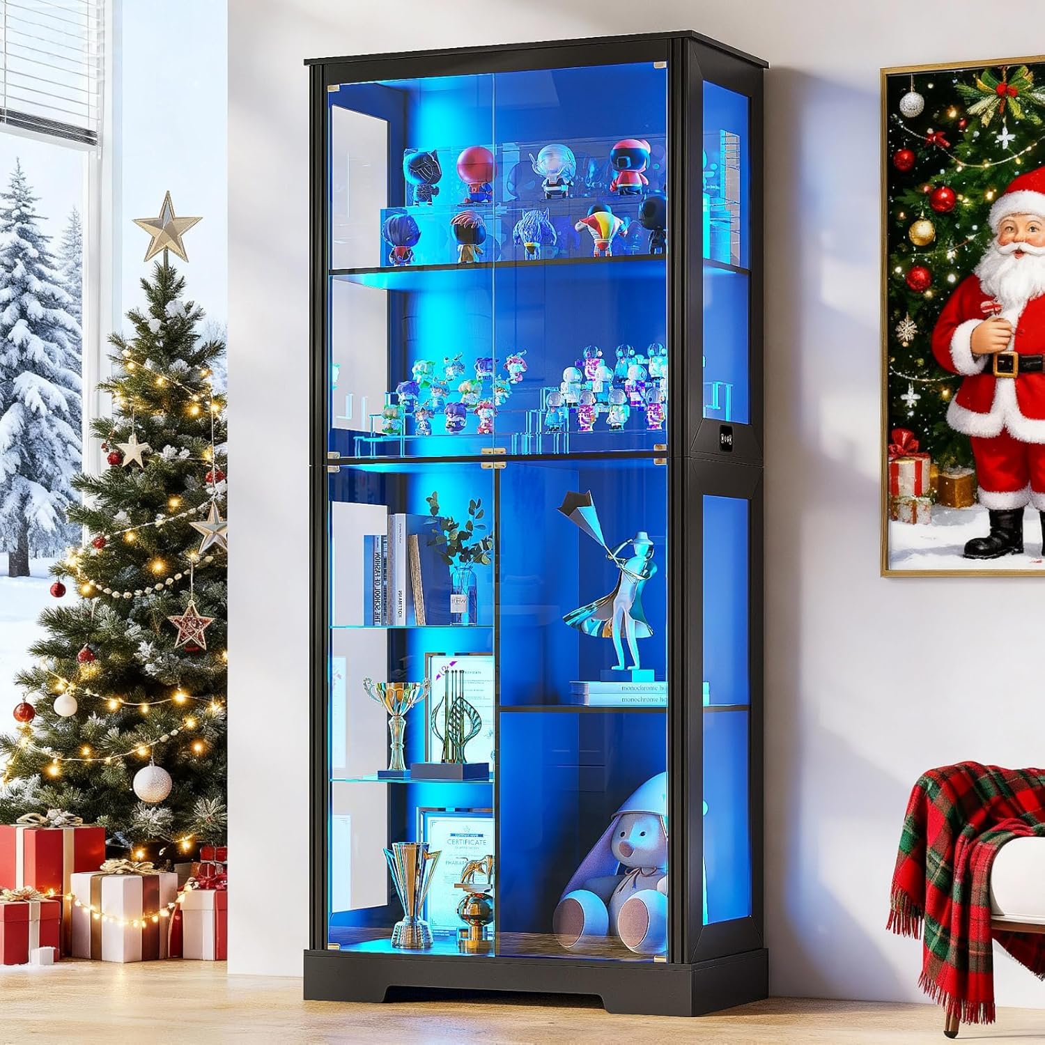 Dystler 180cm Display Cabinet with Glass Doors | Modern Curio Cabinet with 3 Color Lights, 7-Tiers Glass Display Cases for Collectibles, Tall Storage Cabinet with Human Body