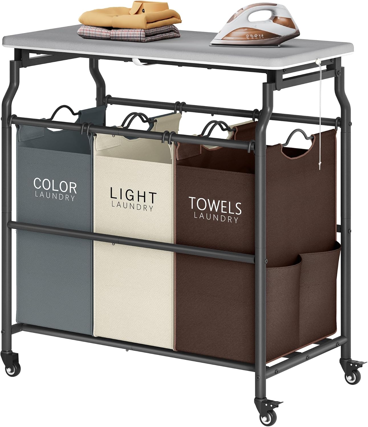Hoctieon 3 Section Laundry Sorter Cart with Ironing Board, Laundry Hamper Basket with Shelf and Wheels, Heavy Duty Clothes Organizer, Large Clothes Separator with Removable Bags, Brown+Gray+Beige | Brown+Gray+Beige,Lockable Wheels, Laundry Basket Organizer, Heavy Duty Clothes Separator, Removable Bags,Rolling Laundry Cart