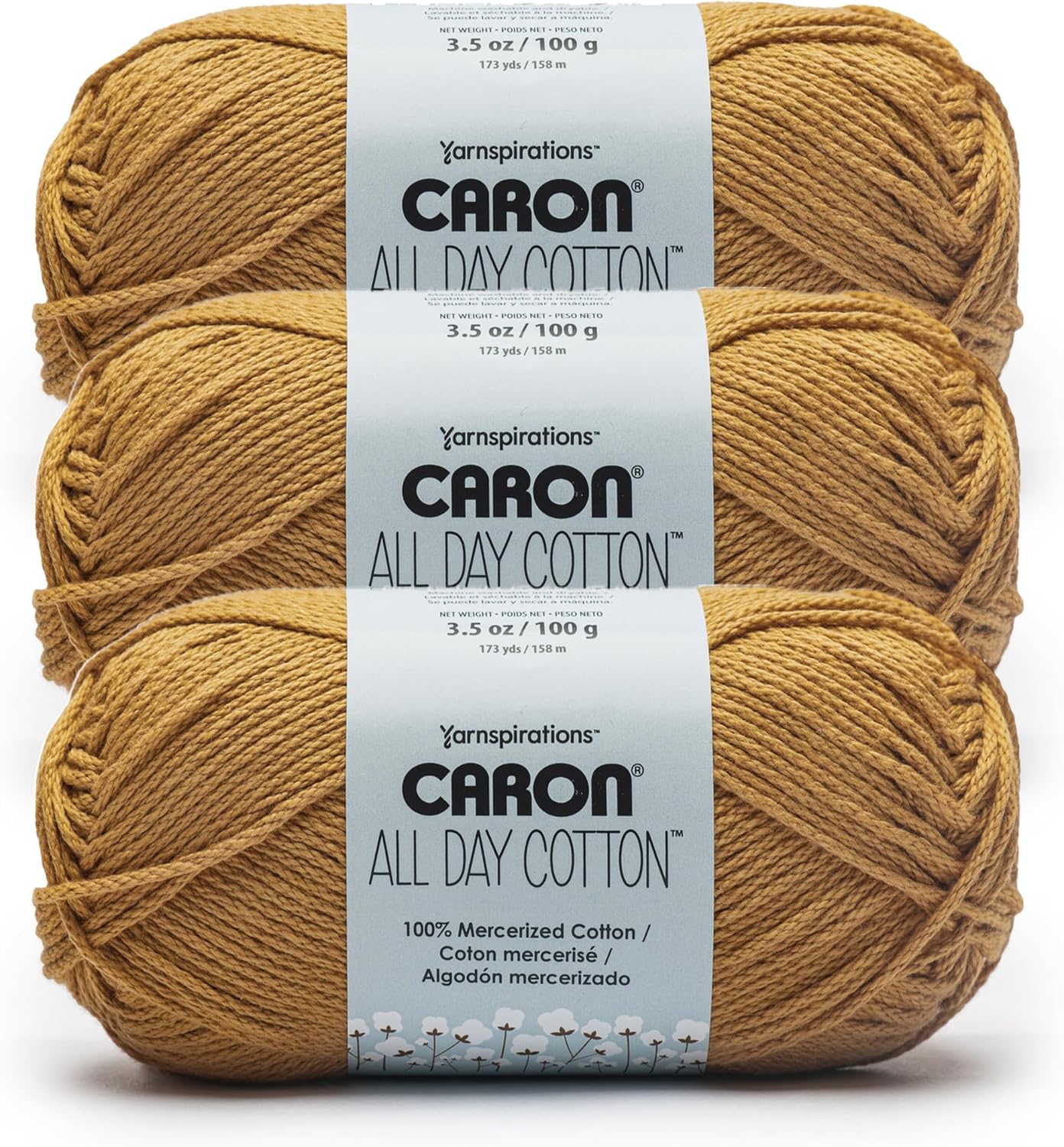 Caron All Day Cotton - 3 Pack of 173 Yards/3.52 oz Golden 100% Mercerized Cotton Yarn
