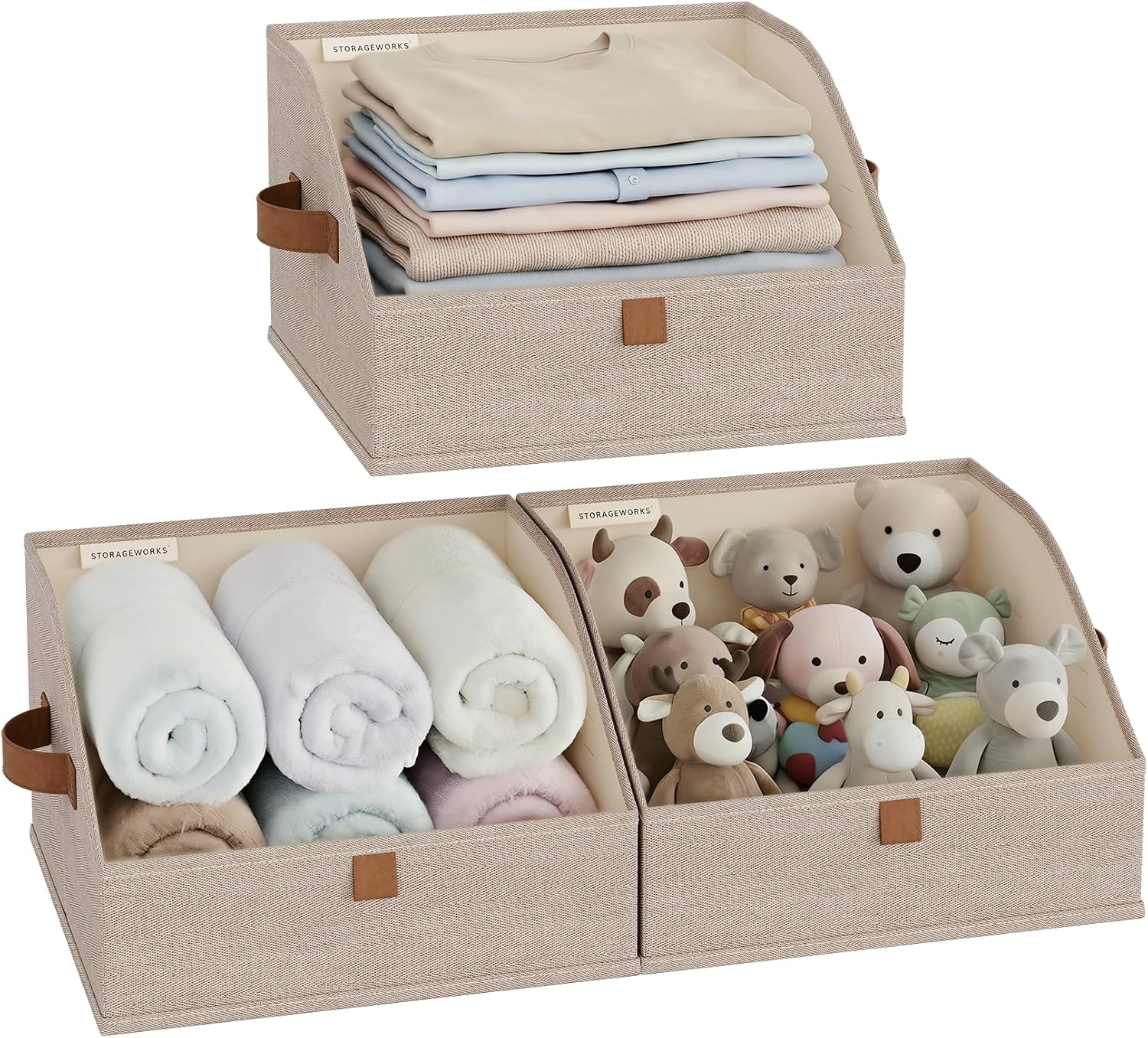 StorageWorks Narrow Storage Bins, Small Basket for Closet and Shelves, Fabric Organizer with Handles, Toilet Paper Storage, Brown and Beige, 2-Pack | Closet Organizer Bins for Closet Shelves, Cube Storage, Fabric Clothes Bin, Foldable Organizing Baskets with Handles