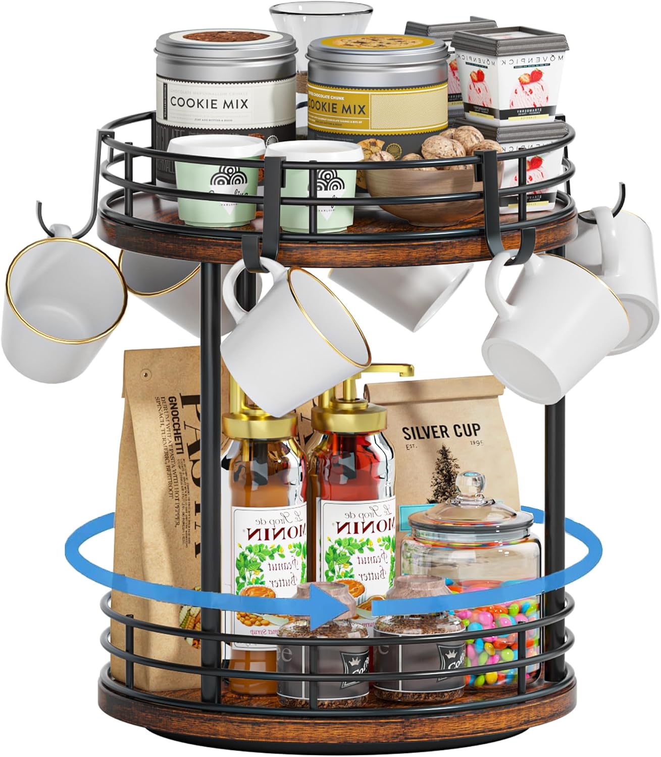 Rotating Coffee Mug Cup Holder Rack Stand, 2 Tier Wooden Coffee Station Bar Organizer for Countertop, Spinning Kitchen Counter Organizer, Mug Shelf with 6 Hooks, Rustic Brown and Black