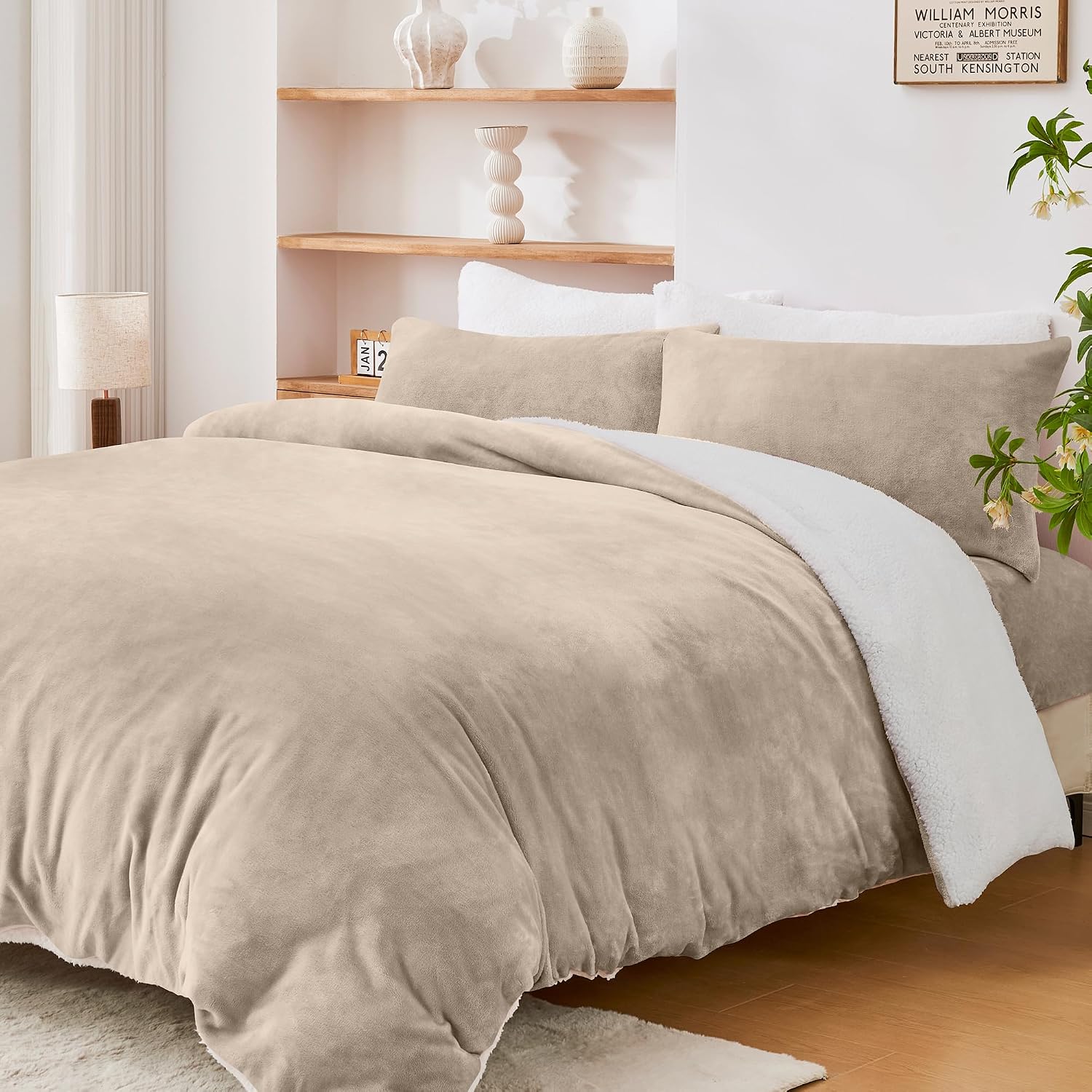 LINENOVA Dual-Sided Teddy Fleece Flannel & Sherpa Quilt Cover Set, Ultra Soft & Warm Reversible Super King Duvet Cover, Doubles as a Standalone Blanket with Zipper Closure (3 Pieces, Warm Sand)