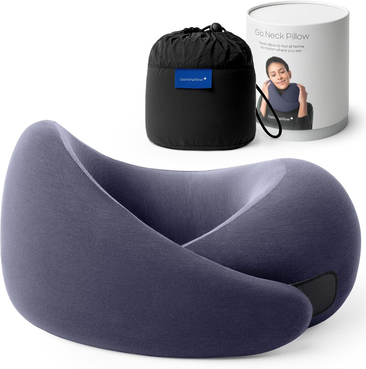 Ostrichpillow Go Neck Pillow - Premium Memory Foam Travel Pillow, 360º Ergonomic Design, Asymmetrical Sides, Travel Bag Included, Washable Modal Cover