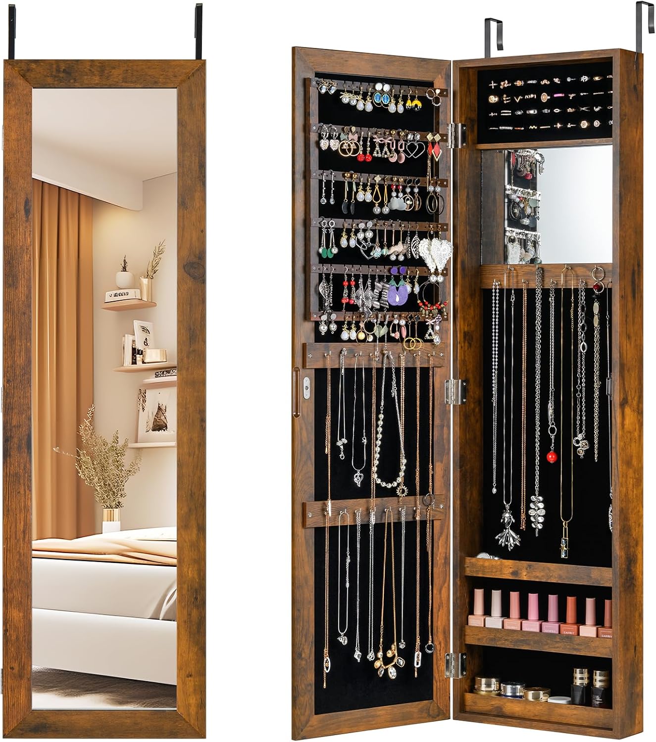 Giantex Wall/Door Mounted Jewelry Cabinet w/Full Length Mirror, Jewelry Armoire w/Storage Shelves, 2 Hanging Hook, Larger Capacity, Over the Door Jewelry Organizer (Rustic Brown)