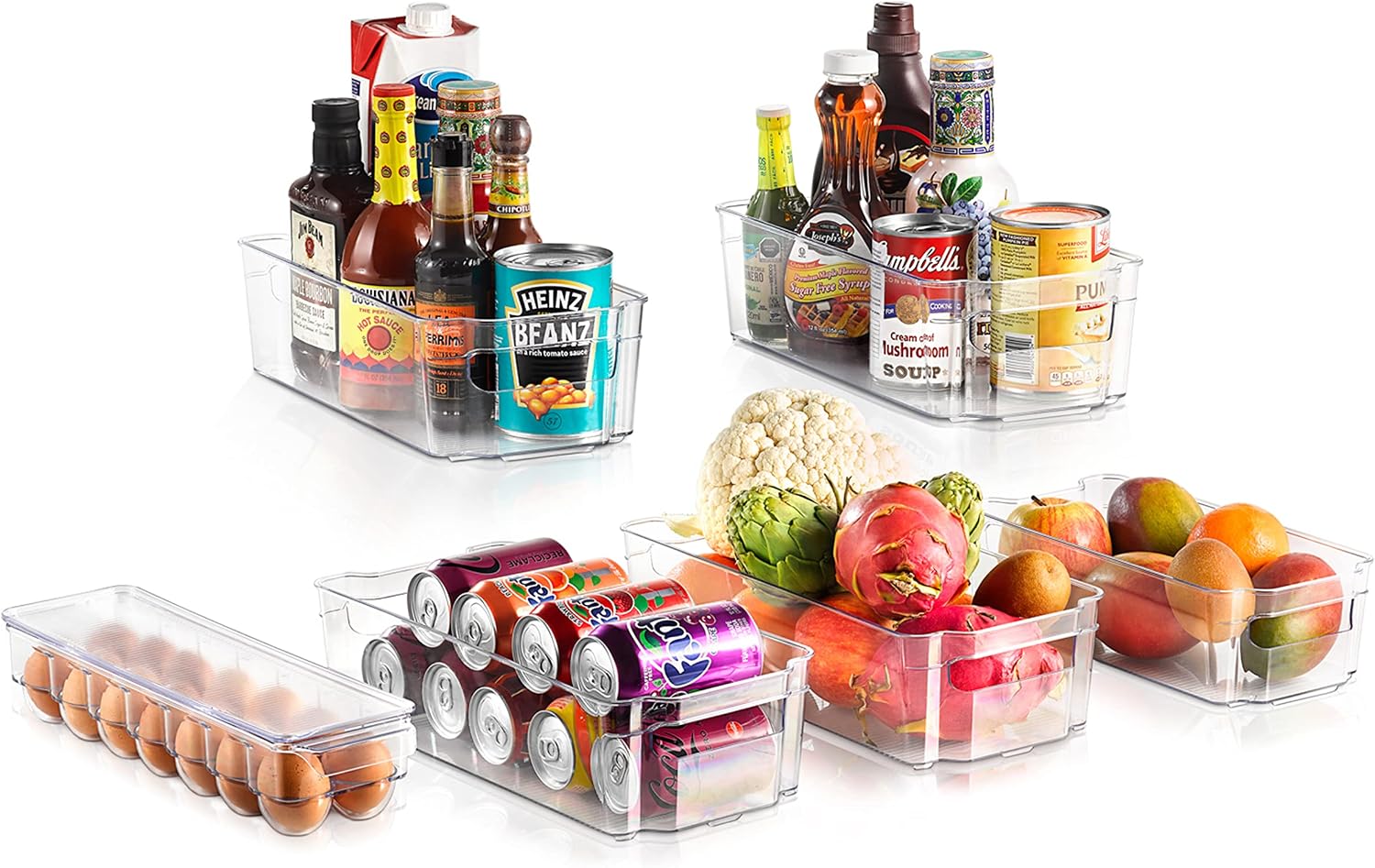 Set of 6 Refrigerator Organizer Bins - Stackable Clear Plastic Bin with Handles, Egg Tray - for Fridge, Freezer, Kitchen, Cabinet, Countertops, Pantry - BPA Free Food Storage Rack - NCFO66