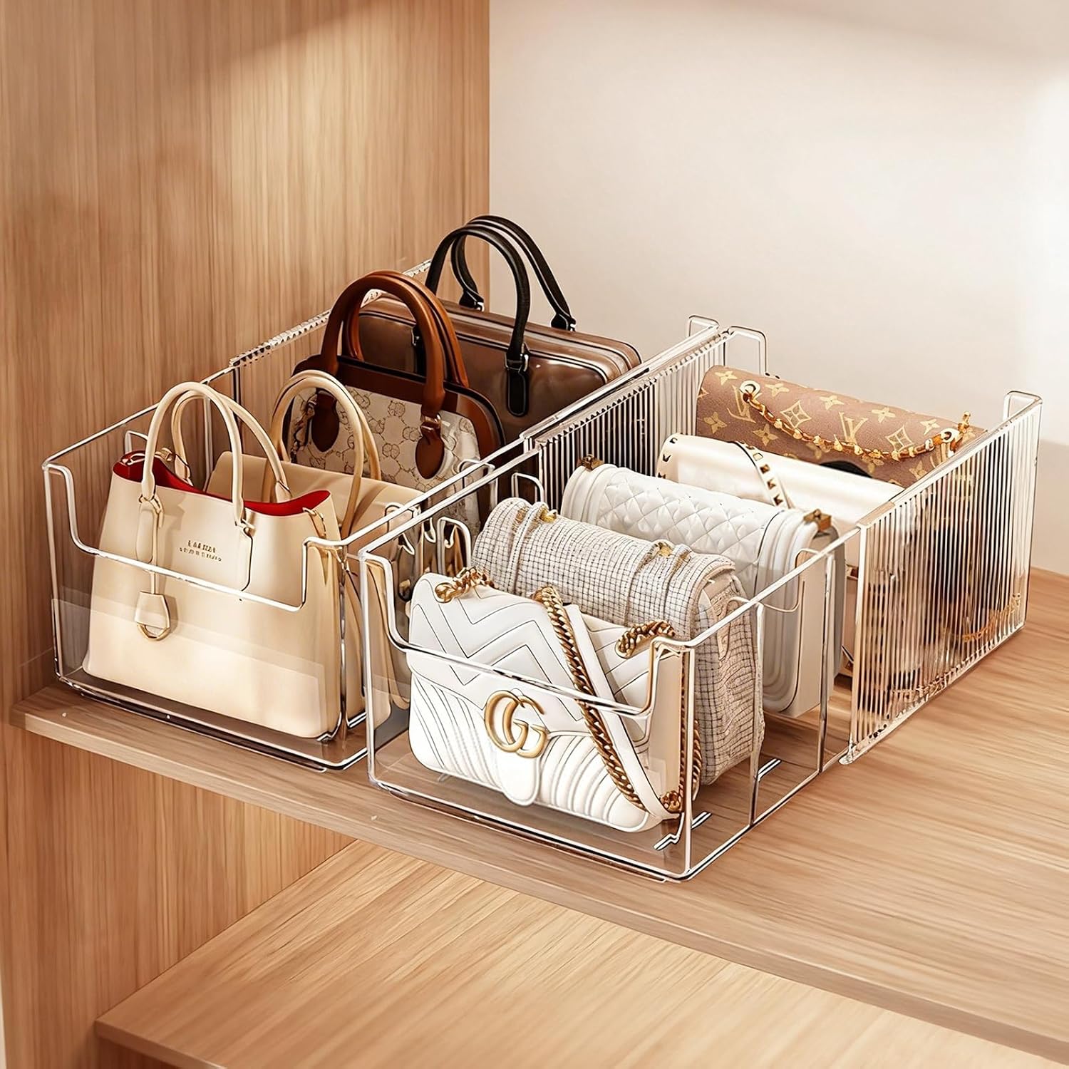 2 Pack Purse Organizer for Closet, Clear Acrylic Handbag Storage Shelf | Extensible 27-47cm Detachable Shelf Dividers Keep Purses Upright, Adjustable Bag Organizer for Home Office Wardrobe