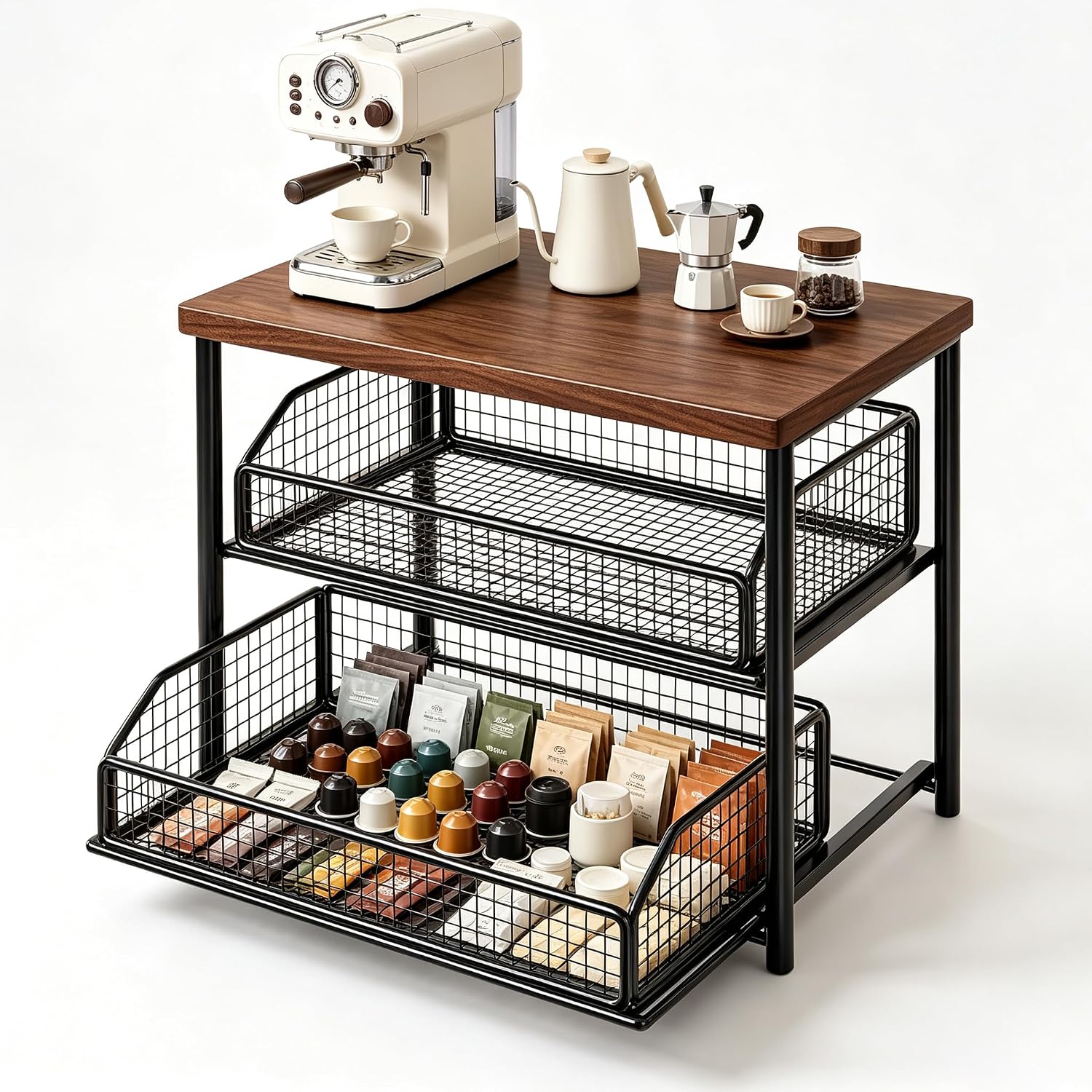 Coffee Bar Organizer Countertop with 2 Pull-Out Baskets Coffee Stand Shelf | Space Saving Microwave Stand Shelf for Small Appliances, Rustic Kitchen Counter Storage Rack for Coffee Machine, Mugs, Pods
