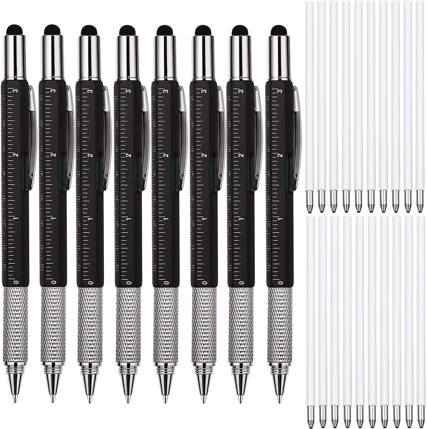 8 Pieces Gift Pen for Men 6 in 1 Multitool Tech Tool Pen Screwdriver Pen with Ruler, Levelgauge, Ballpoint Pen and Pen Refills, Unique Gifts for Men Color Set 5 | 6 in 1 Combines Ruler Level Screwdriver Stylus, 10 Ink Refills, Gift for Men, Portable Tool for Work DIY Projects