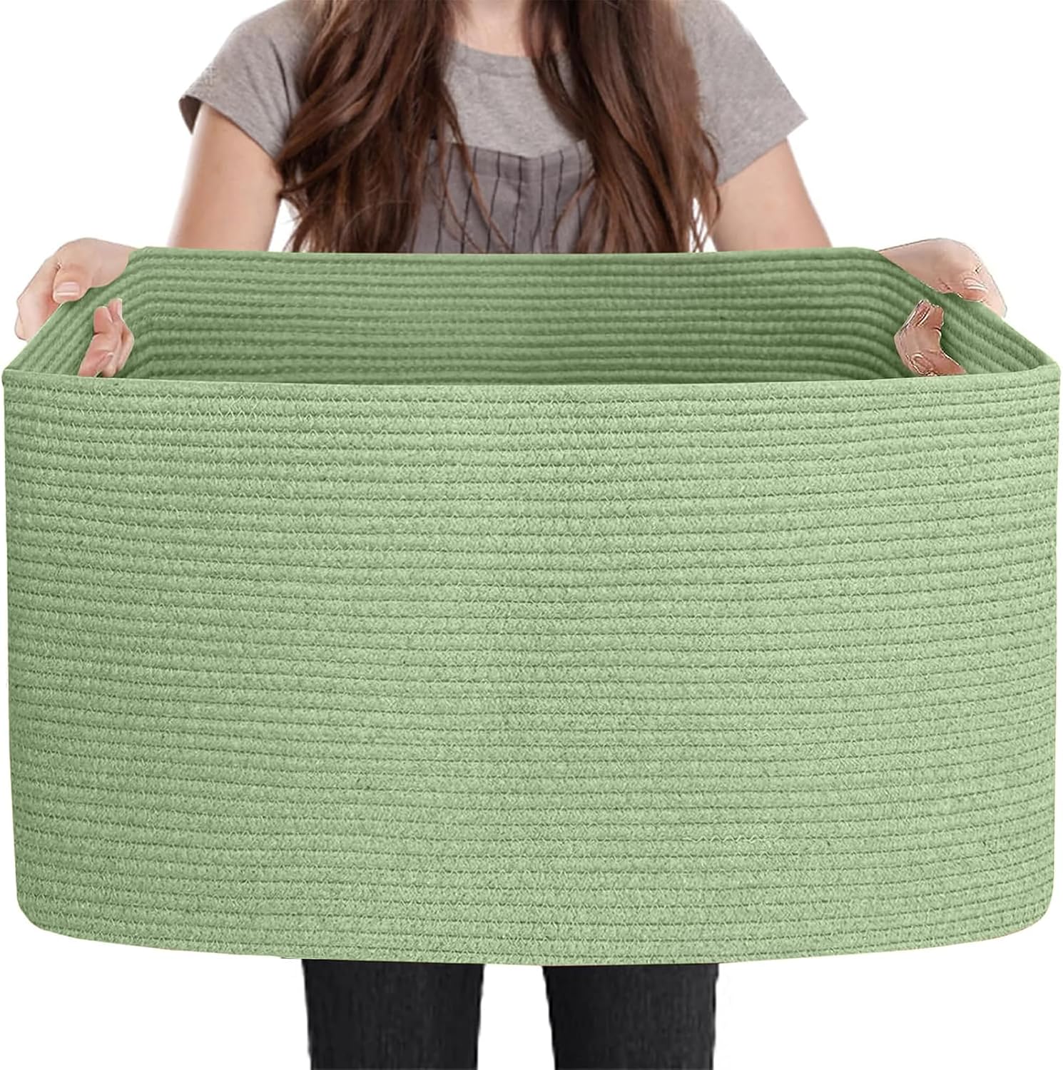 MEGASKET Large Green Baskets for Organizing, 23.6" x 17" x 12" Rectangle Blanket Holder Organizer, Kids Toy Storage Bins, Woven Rope Storage Basket, Green Home Decor Basket, Baby Nursery Storage