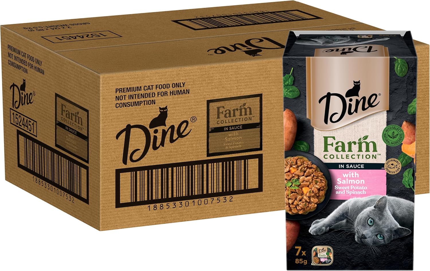 Dine Farm Collection Wet Cat Food Salmon, Sweet Potato, Spinach in Sauce 85g Tray, 42 Pack